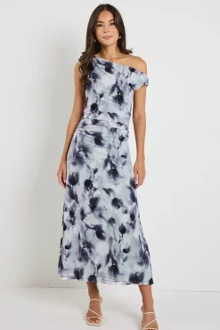 Stories be Told Chemistry Charcoal Smudge Mesh Off Shoulder Maxi Dress