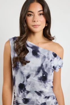 Stories be Told Chemistry Charcoal Smudge Mesh Off Shoulder Maxi Dress