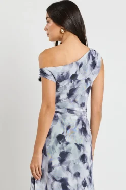 Stories be Told Chemistry Charcoal Smudge Mesh Off Shoulder Maxi Dress
