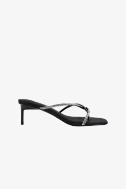 Solsana Chrissy Black Crystal Thin Strap Mule Heel