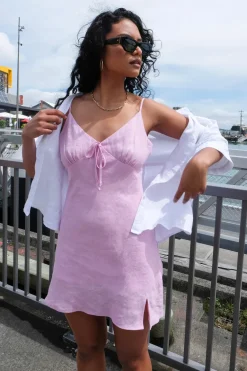 Among the Brave City Lilac Linen Strappy Mini Dress