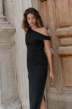 Stories be Told Classified Black Off Shoulder Tuck Maxi Dress