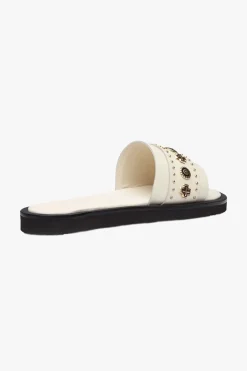 Solsana Cleo Off White Leather Slide with Gold Charms