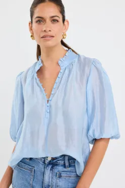 Ivy + Jack Closure Pale Blue Sheer High Neck Buttoned SS Top