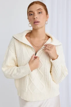 Ivy + Jack Clover Ivory Zip Front Cable Knit Jumper