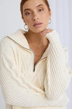 Ivy + Jack Clover Ivory Zip Front Cable Knit Jumper