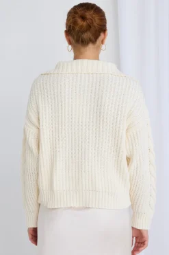Ivy + Jack Clover Ivory Zip Front Cable Knit Jumper