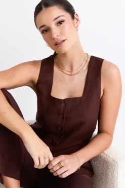 RE:UNION Label Coastal Chocolate Linen Longline Crew Vest