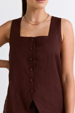 RE:UNION Label Coastal Chocolate Linen Longline Crew Vest