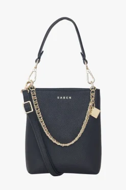 Saben Coco Black Leather Bucket Bag with Gold Chain Detailing