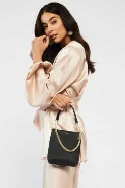 Saben Coco Black Leather Bucket Bag with Gold Chain Detailing