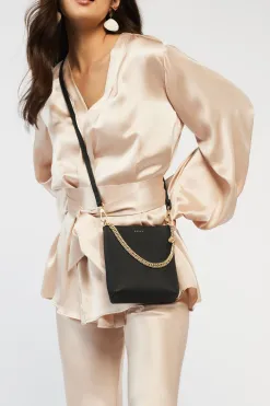 Saben Coco Black Leather Bucket Bag with Gold Chain Detailing