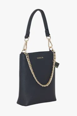 Saben Coco Black Leather Bucket Bag with Gold Chain Detailing
