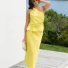 Among the Brave Collide Citron Satin Bias Cut Midi Skirt