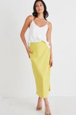 Among the Brave Collide Citron Satin Bias Cut Midi Skirt