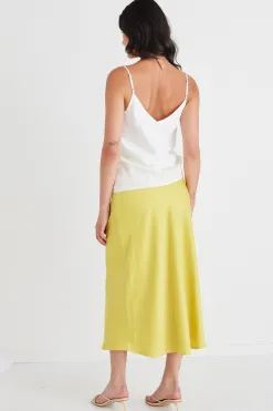 Among the Brave Collide Citron Satin Bias Cut Midi Skirt