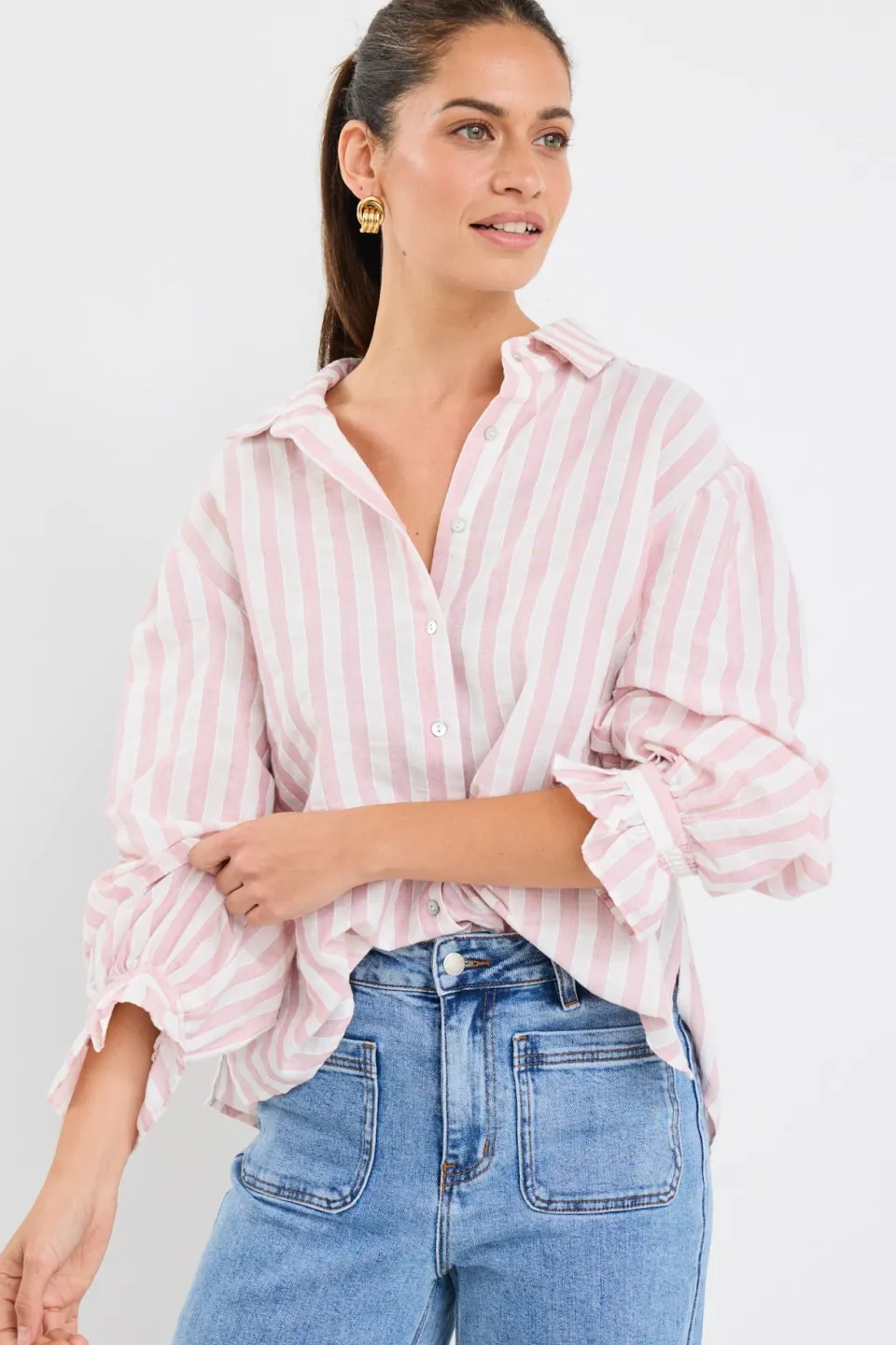 By Rosa. Connection Pink Stripe Button Front Blouse
