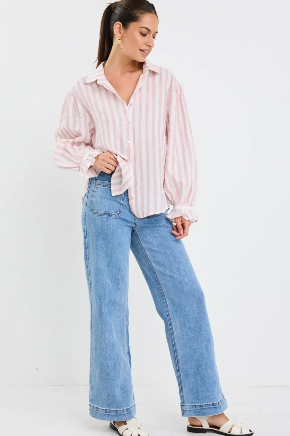 By Rosa. Connection Pink Stripe Button Front Blouse