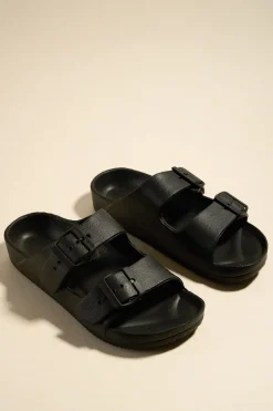 Love Lulu Cool Black Double Buckle Slides
