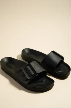 Love Lulu Cool Black Single Buckle Slides
