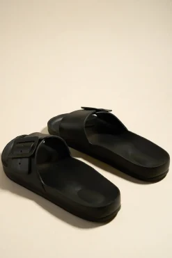 Love Lulu Cool Black Single Buckle Slides