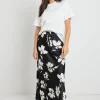 Stories be Told Critical Black Floral Satin Tie Waist Bias Maxi Skirt