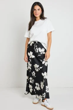 Stories be Told Critical Black Floral Satin Tie Waist Bias Maxi Skirt