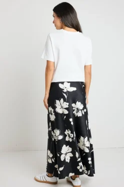 Stories be Told Critical Black Floral Satin Tie Waist Bias Maxi Skirt