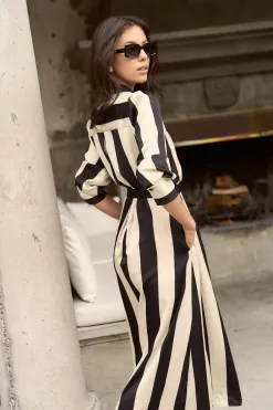 Among the Brave Cyprus Black Sand Stripe Satin LS Shirt Midi Dress