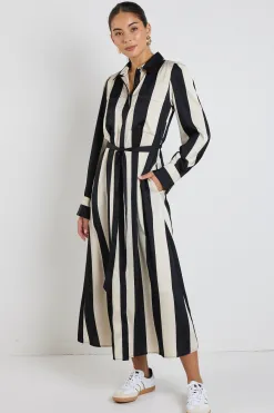 Among the Brave Cyprus Black Sand Stripe Satin LS Shirt Midi Dress
