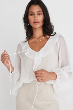Among the Brave Daily Ivory Sheer Texture Frill Front Top