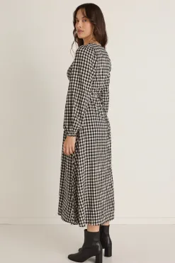 Among the Brave Damsel Black Gingham LS Button Front Midi Dress