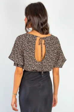 Among the Brave Dare Me Walnut Floral Puff Sleeve Elastic Waist Tie Back Crop Top