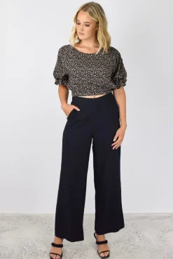 Among the Brave Dare Me Walnut Floral Puff Sleeve Elastic Waist Tie Back Crop Top