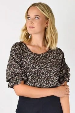 Among the Brave Dare Me Walnut Floral Puff Sleeve Elastic Waist Tie Back Crop Top