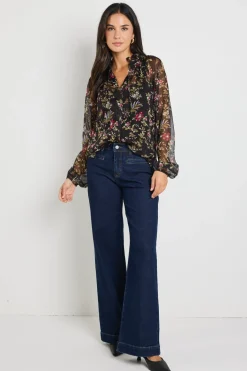 By Rosa. Deft Black Posy Floral Sheer LS Blouse