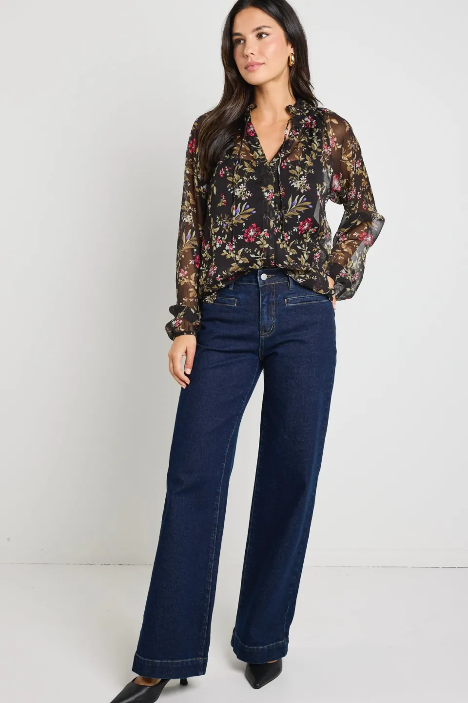 By Rosa. Deft Black Posy Floral Sheer LS Blouse