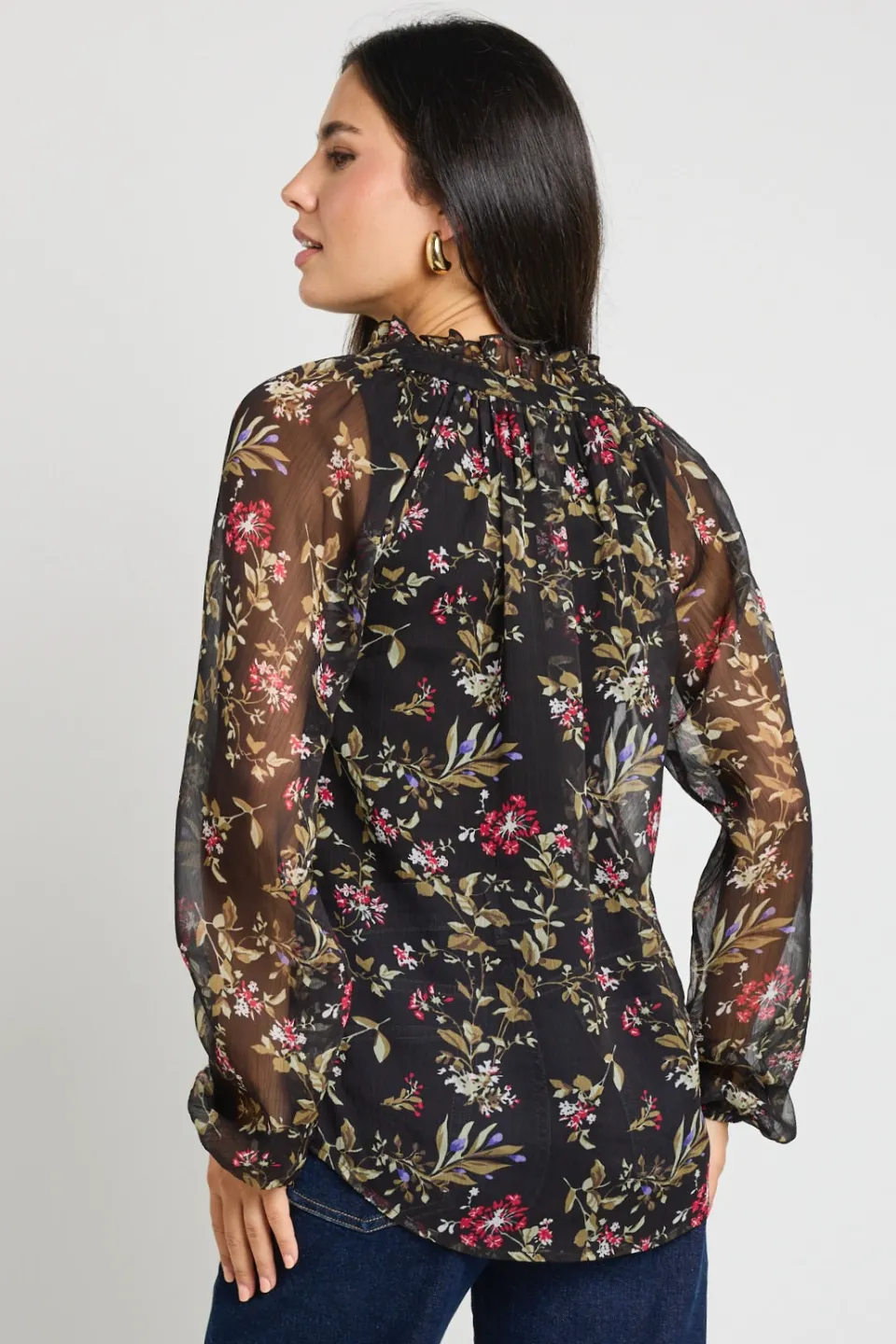 By Rosa. Deft Black Posy Floral Sheer LS Blouse