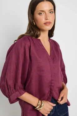 By Rosa. Deity Burgundy Linen Button Through Puff Sleeve Ss Blouse