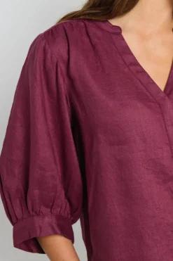By Rosa. Deity Burgundy Linen Button Through Puff Sleeve Ss Blouse