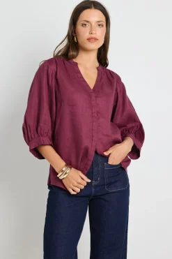 By Rosa. Deity Burgundy Linen Button Through Puff Sleeve Ss Blouse