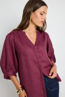 By Rosa. Deity Burgundy Linen Button Through Puff Sleeve Ss Blouse