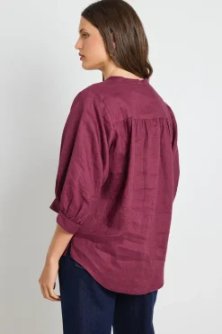 By Rosa. Deity Burgundy Linen Button Through Puff Sleeve Ss Blouse