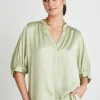 By Rosa. Deity Sage Satin Button Through Puff Sleeve Ss Blouse
