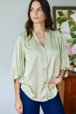 By Rosa. Deity Sage Satin Button Through Puff Sleeve Ss Blouse