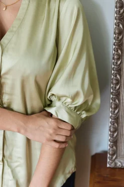 By Rosa. Deity Sage Satin Button Through Puff Sleeve Ss Blouse
