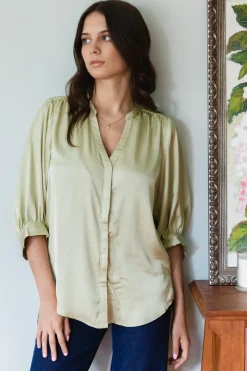 By Rosa. Deity Sage Satin Button Through Puff Sleeve Ss Blouse