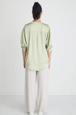 By Rosa. Deity Sage Satin Button Through Puff Sleeve Ss Blouse