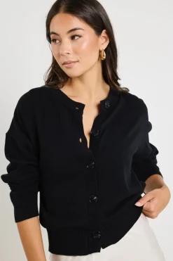 Ivy + Jack Delight Black Cotton Fine Knit Crew Cardigan