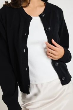 Ivy + Jack Delight Black Cotton Fine Knit Crew Cardigan